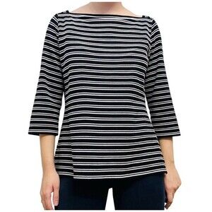 St. John Knit Shirt Top Black White Striped Minimalist Fall 3/4 Sleeve P